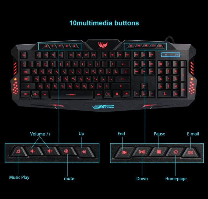 J10 tricolor backlight wired gaming keyboard set colorful luminous 